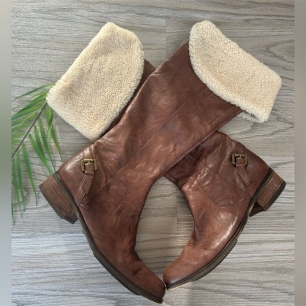 ✨Sam Edelman Kara Brown Tall Leather Boots with Cream Fur Lining worn 5x